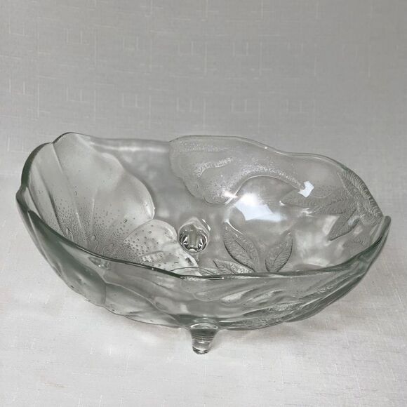Vintage Glass Punch Bowl Clear Glass Fruit Footed Oblong Poppy Flowers Servwear - Picture 1 of 9